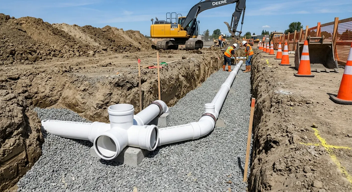 New PVC sewer pipe installation in open trench for Sewer Backup in Ladera Ranch