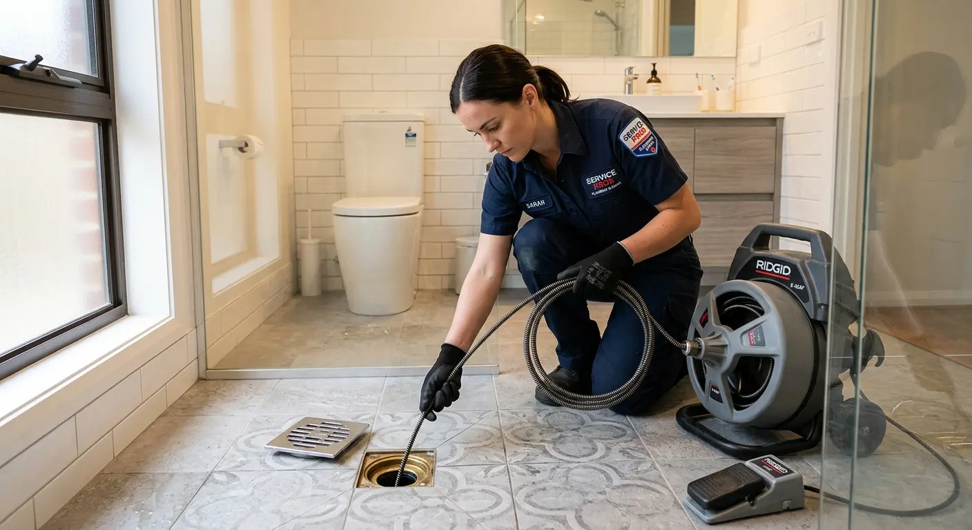 Technician clearing a bathroom floor drain for Hydro Jetting in Ladera Ranch